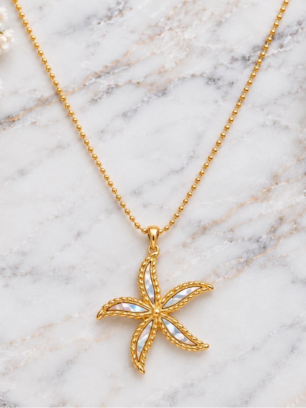 Gold Tone Starfish Pendant Necklace with Aqua Inlay
